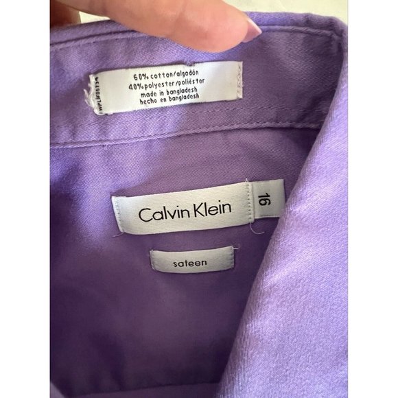Calvin Klein Mens Shirt Dress Button Down Cotton Lilac Sateen Size 16 - Picture 6 of 6